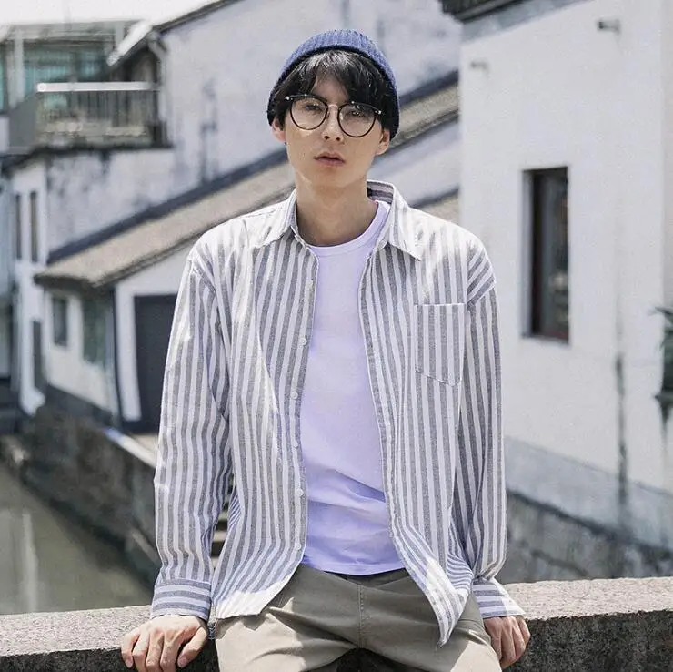 Japanese menswear 2021 tide Autumn new shirt male lapel loose striped jacket Men Fashion long-sleeved Cotton shirts M-XXL | Мужская