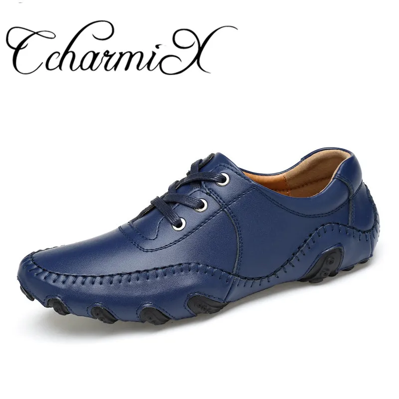 CcharmiX Mens Casual Shoes Handmade Split Leather Lace Up italian Style Blue Men Footwear Top Quality Man Driving Big Size | Обувь
