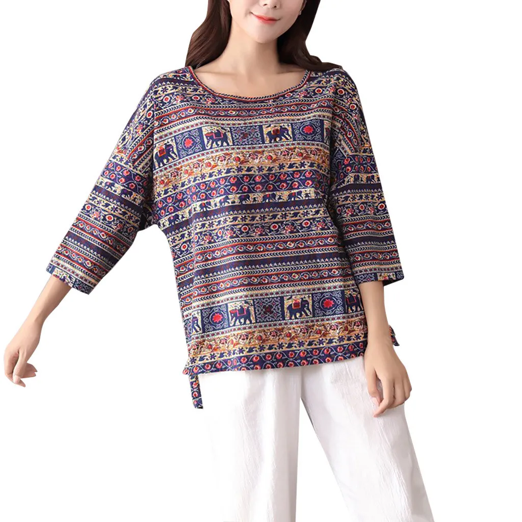 Blouses Women Ladies Cotton And Linen Print Round Neck Short Sleeve Shirts Womens Tops Blusas Mujer De Moda 2019 |