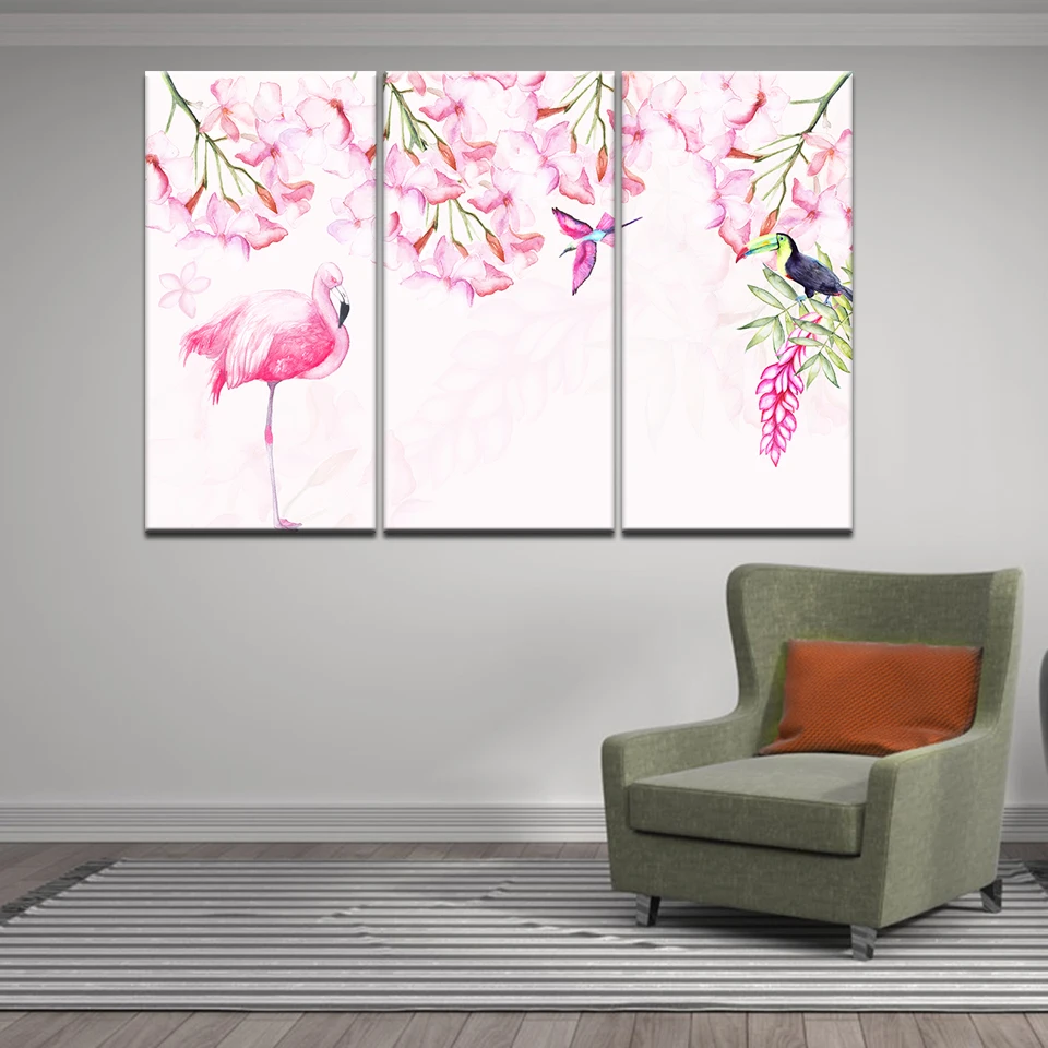 Abstract Watercolor Flower Wall Art Canvas Painting Animal Bird Pink Mural Flamingo Home Decor Living Room Picture Poster | Дом и сад