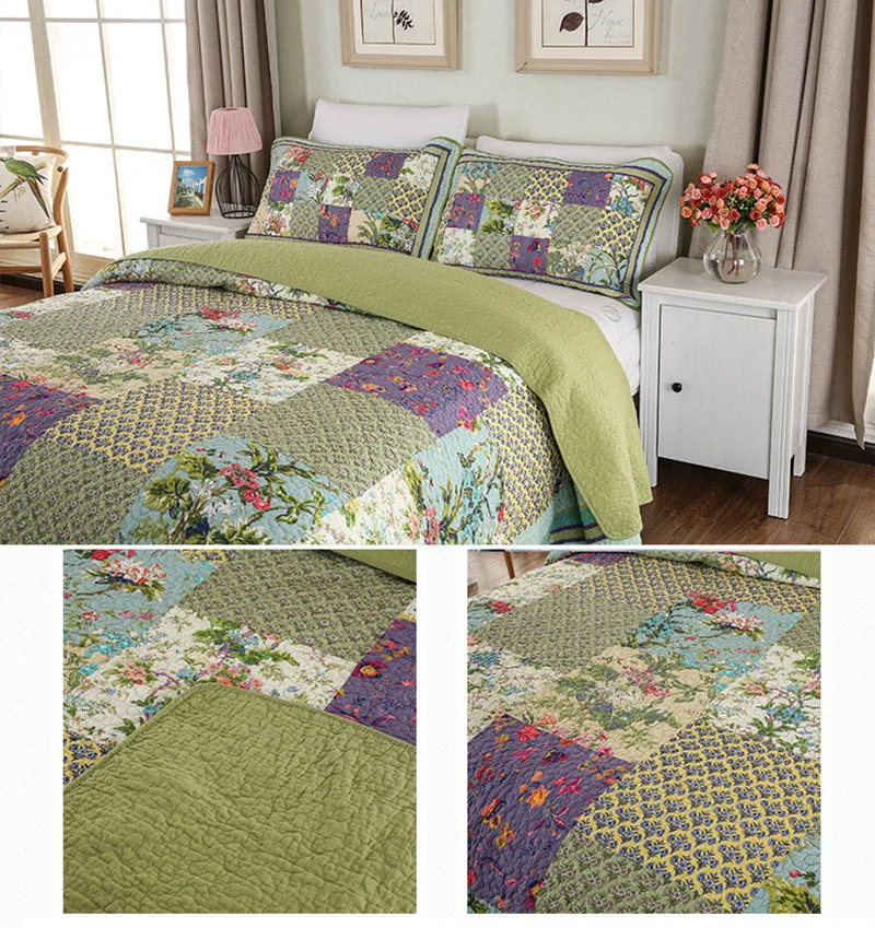 

CHAUSUB Quality Washed Cotton Patchwork Quilt Set 3PCS Quilted Bedspread Quilts Bed Cover Sheets Pillowcase King Size Coverlet
