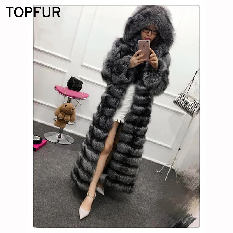 Пальто из лисьего меха с меховым капюшоном наивысшего качества