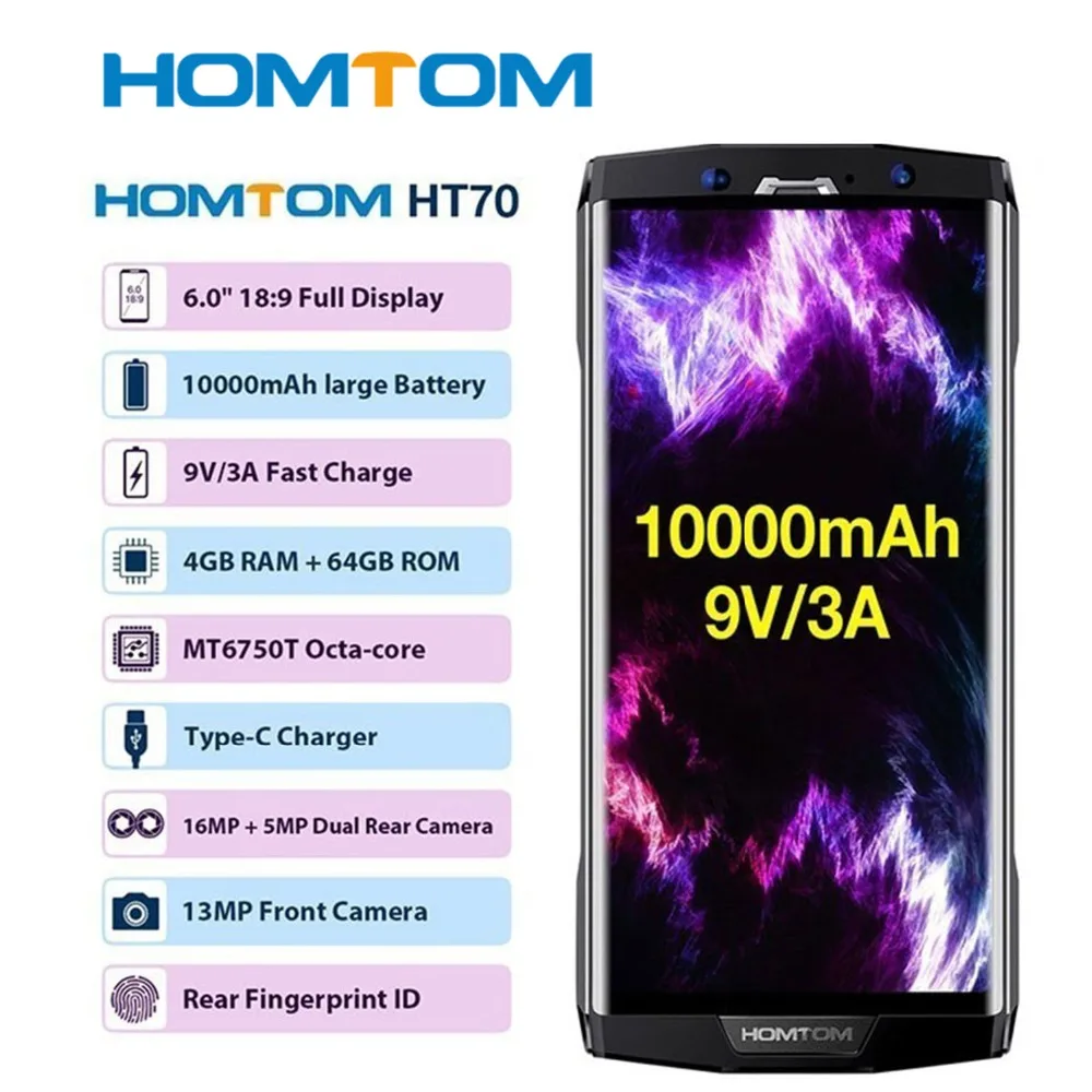 HOMTOM Ht70 10000 мА/ч 4 ГБ 64 мобильный телефон 6'ཎ: 9 Hd + Дисплей Восьмиядерный 13mp