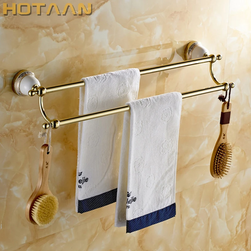 

HOT SELLING, gold Bathroom towel holder,double towel bar, towel rack,60cm solid brass towel rack with hooks