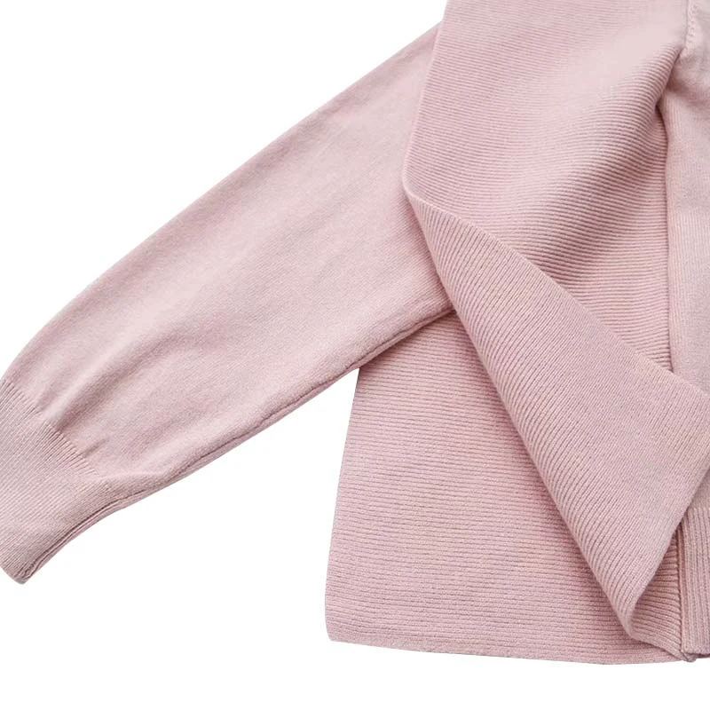 Bella Philosophy women sweet ruffled knitted sweater long sleeve o neck stretchy pullovers female short style pink cute tops | Женская