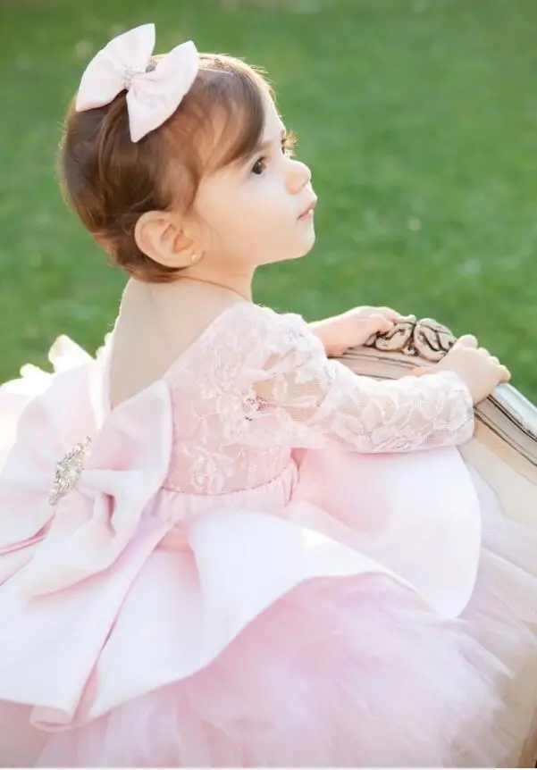 Пышное розовое Тюлевое платье-пачка с длинными рукавами и цветочным узором для