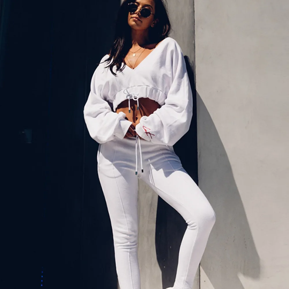 Women's White Cropped Hoodies Exercise Sweater Sexy V-neck Letter Sweatshirts Sport Fitness Running Crop Tops Harajuku Tracksuit | Спорт и