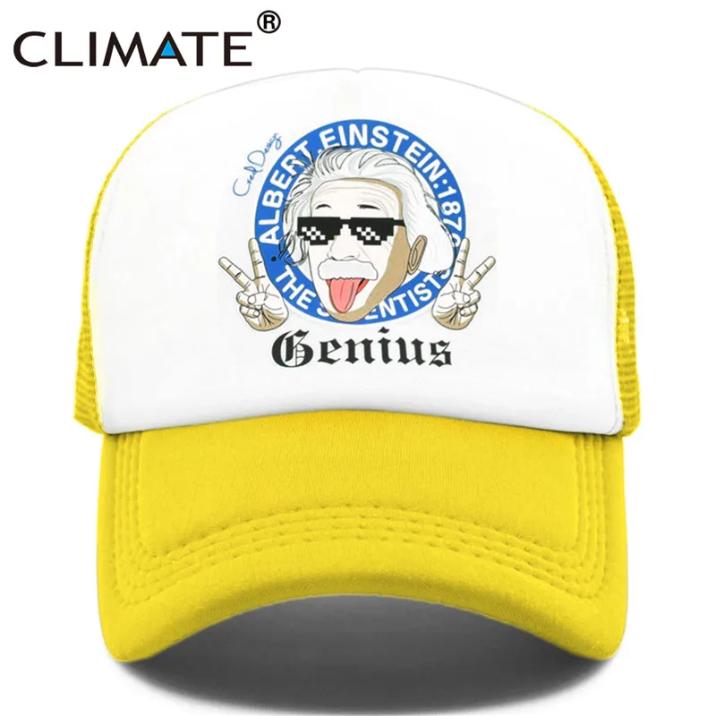 Yellow Климат смешной Einstein Trcuker cap Relativism космическая относительная Галактическая шляпа Trcuker cap s Мужская Женская забавная крутая сетчатая Кепка Hat - Цвет: Yellow