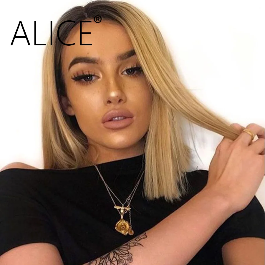 Алиса Ombre Bob парик фронта шнурка бразильские Remy короткие парики Боба с темными корнями 130% 13x4 прямые