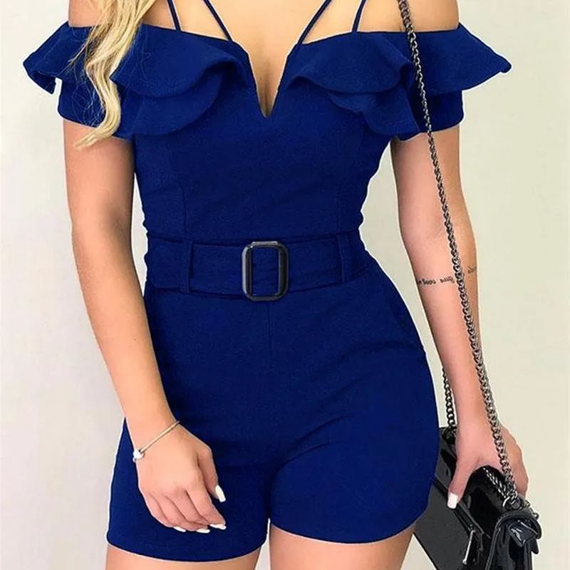Женский Короткий комбинезон с оборками и поясом элегантный открытыми плечами v