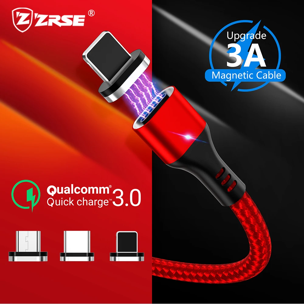 ZRSE 3A Магнитный кабель Usb Type C для Iphone 11 XS XR X Micro кабели 3 в 1 LED Quick Charge 0 провод быстрой