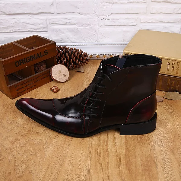 Мужские мотоциклетные ботинки на высоком каблуке винного цвета с острым