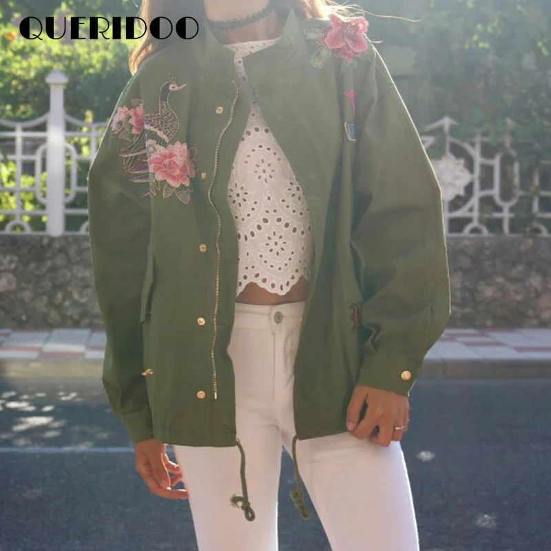 Женщины основные пальто 2017 Весна army green с длинным рукавом вышивка куртки для