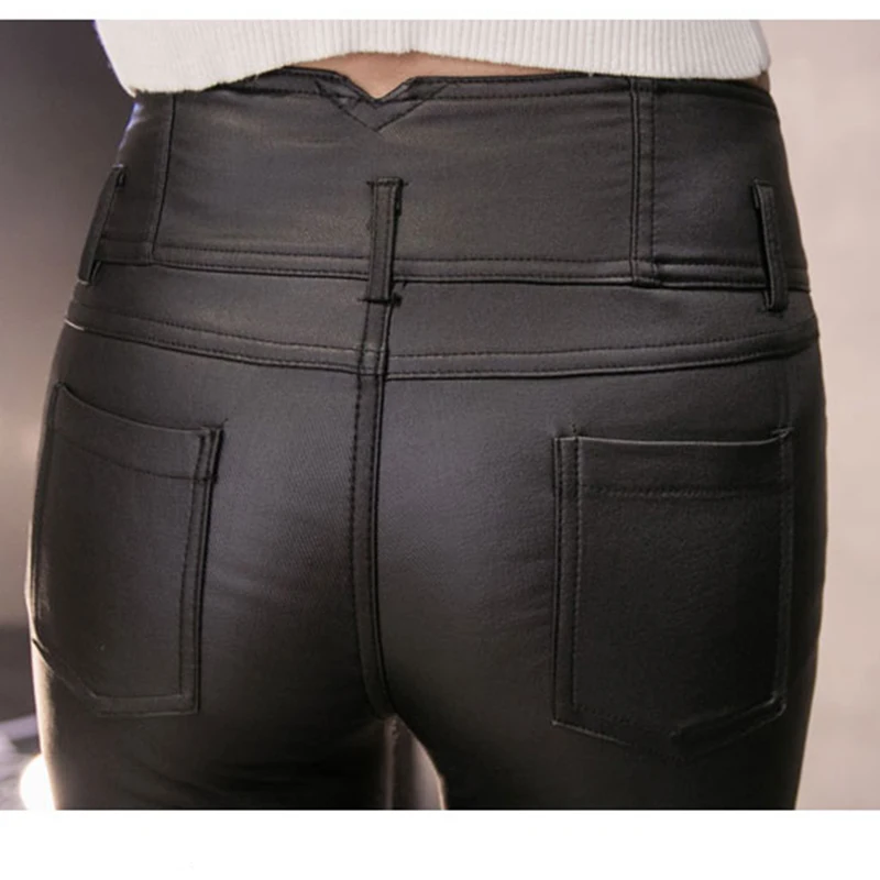 Кожаные брюки женские зимние с высокой талией 2019 новые PU узкие бархатные кожаные