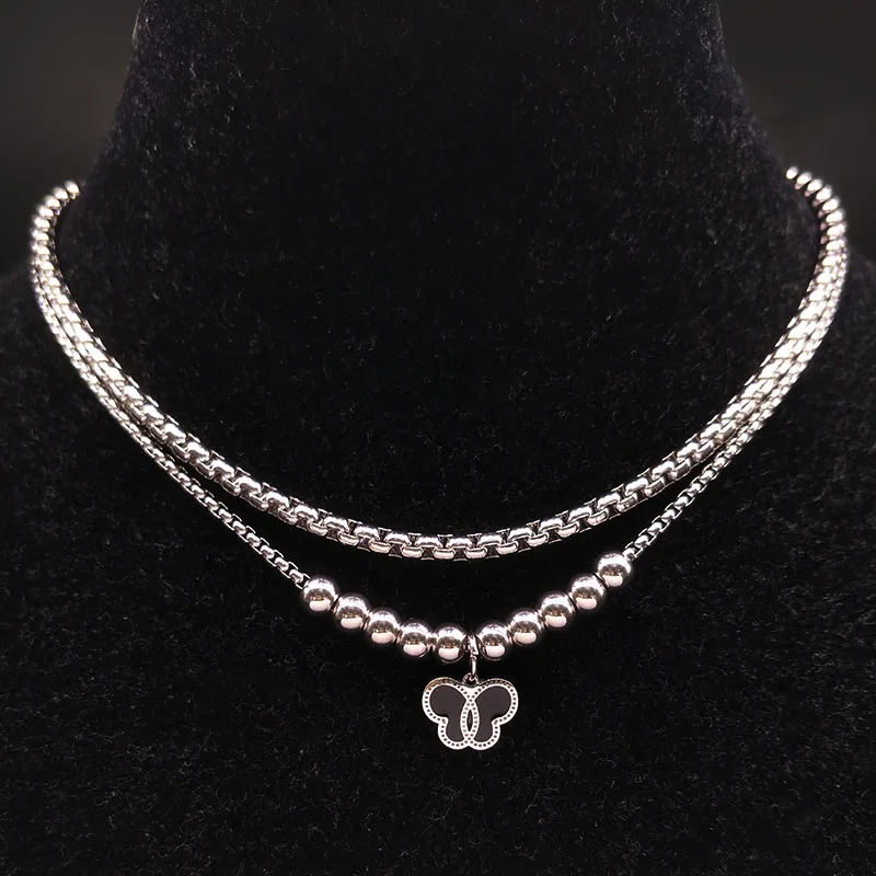 C black butterfly Серебряное ожерелье из нержавеющей стали с бабочкой, женское Двухслойное массивное ожерелье, ювелирное изделие, подарок, ожерелье Mujer N18056 - Окраска металла: C black butterfly
