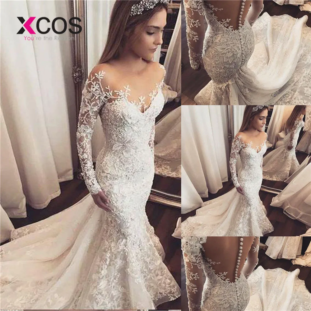 XCOS Mermaid Long Sleeve Lace Beaded Sequins Sexy Wedding Dresses Vintage Luxury Formal Gown Robe De Mariee Custom Size | Свадьбы и