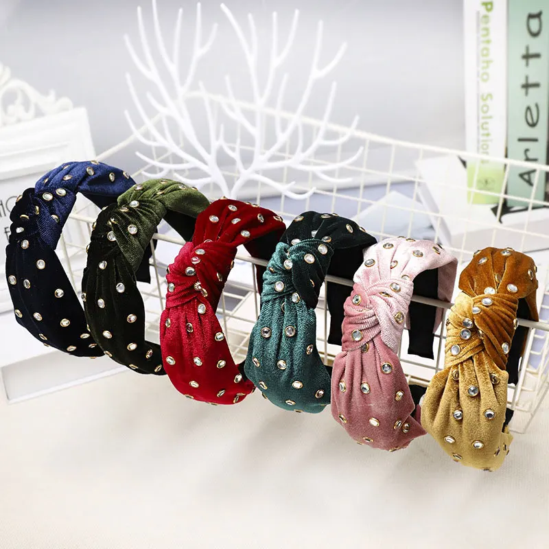 Женский широкий ободок для волос ручной работы со стразами и узлом девочек