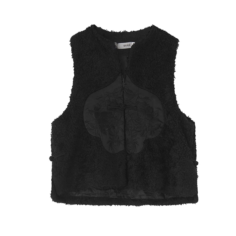 Outline Women Autumn Winter Black Casual Waistcoat Embroidery Single Button Spliced Short O Neck Solid Plus Vest Jacket L184Y005 | Женская