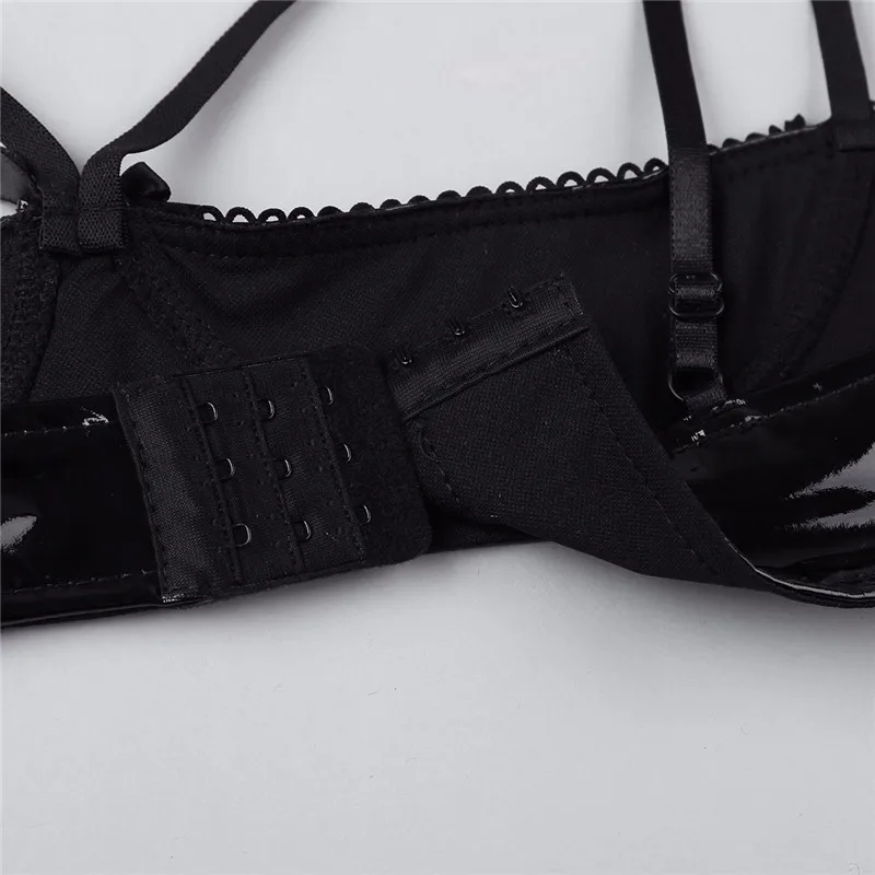 Sexy Womens Soft Sheer Adjustable Spaghetti Straps Open Cups Bra Lingerie Faux Leather Wire-free Unlined Bra Tops Bralette Black