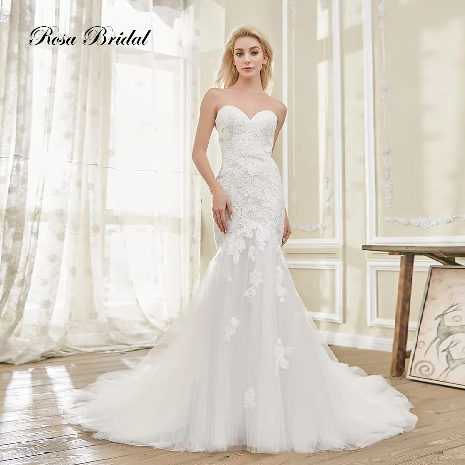Rosabridal Mermaid Wedding Dress Strapless Sweetheart Neckline Ivory beading lace appliques over tulle Trumpet Bridal Gown
Rosabridal Mermaid Wedding Dress Strapless Sweetheart Neckline Ivory beading lace appliques over tulle Trumpet Bridal Gown
