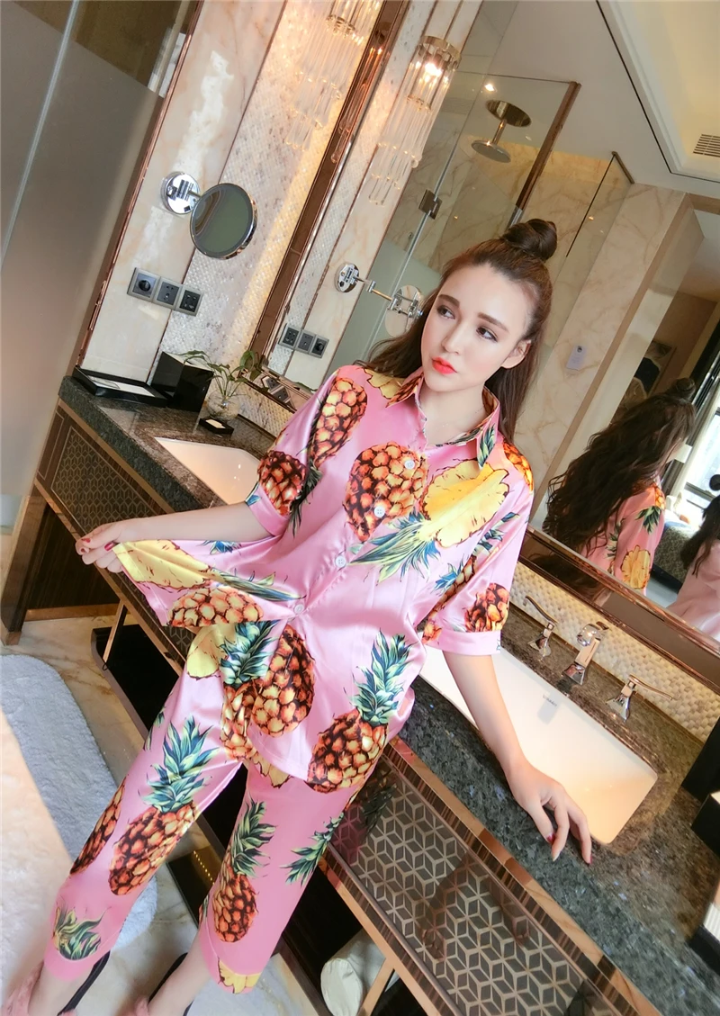 Women's Silky Pattern Pajama Sets Sleep Suit | Женская одежда