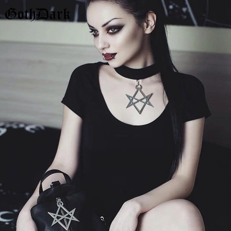 Женское плиссированное платье Goth Dark, черное готическое летнее платье в стиле гранж-панк с воротником-ошейником и пентаграммой, на молнии