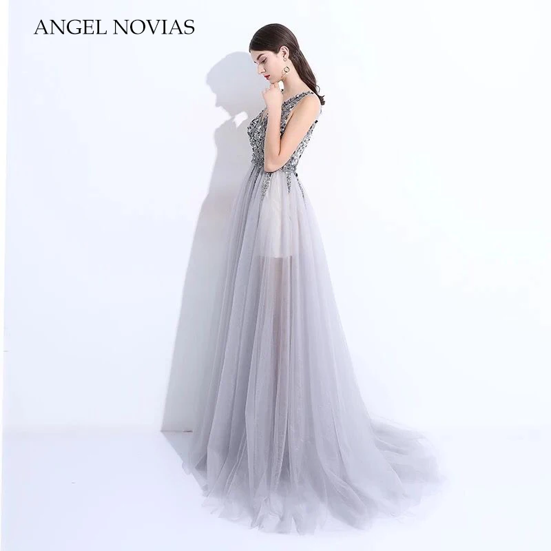 Женское длинное вечернее платье ANGEL NOVIAS серое с открытой спиной весна 2020 | Свадьбы