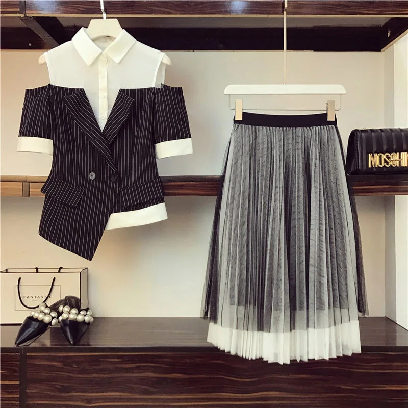 Новый модный офисный Женский комплект большого размера 4XL летние топы в полоску с