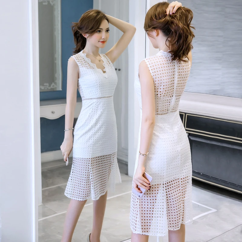 AIYANGA Women Summer Sexy Dress 2018 Fashion Ladies V Neck Sleeveless Hollow Slim Package hip Club Dresses White Black | Женская одежда