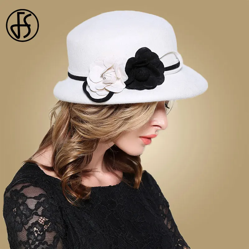 White Wool Fedoras FS женские шляпы Fedora белые с широкими элегантными Полями Фетровая Шляпа-Клош черная винтажная котелок Fedora женские флоппи Цветок Леди Девушки Осень - Цвет: White Wool Fedoras