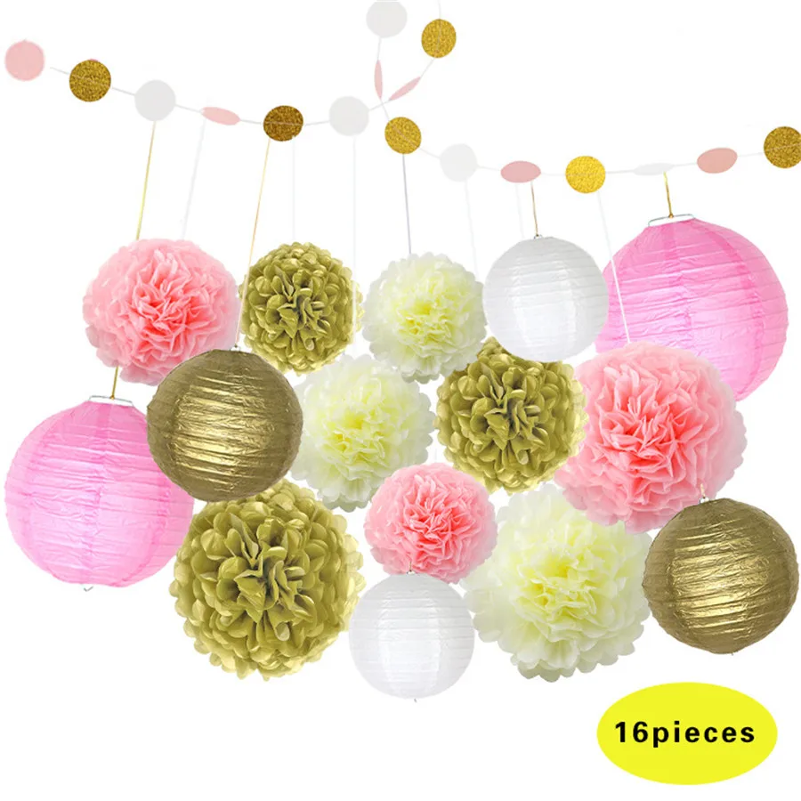 

European American Birthday Party Wedding Decoration Set Hot Sale Pink Gold Color Paper Flower Ball Pom Pom Lantern