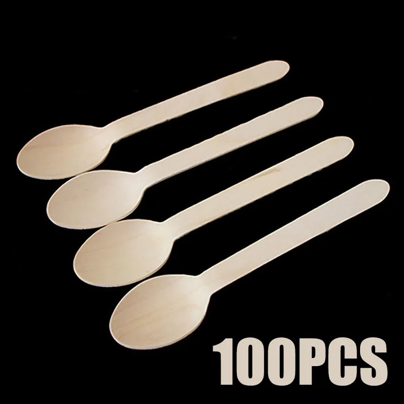 138mm Spoon Вечерние принадлежности одноразовые ложки/вилки/фрезы 100 шт./компл. деревянный Кухня посуда свадебных десерт упаковка для столовой посуды набор столовых приборов - Цвет: 138mm Spoon