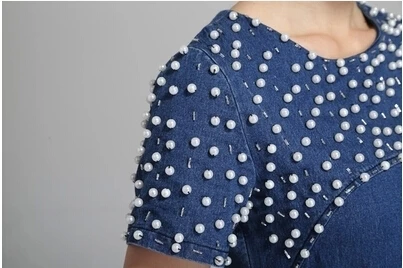 2014 summer high quality handmade beading denim slim women dress|beaded trim for dresses|dress it up beadsdresses japan |
