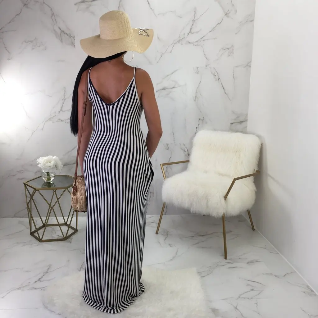 ЛИВА девушка в полоску Низкая груди свободное платье 2018 Летнее Длинное