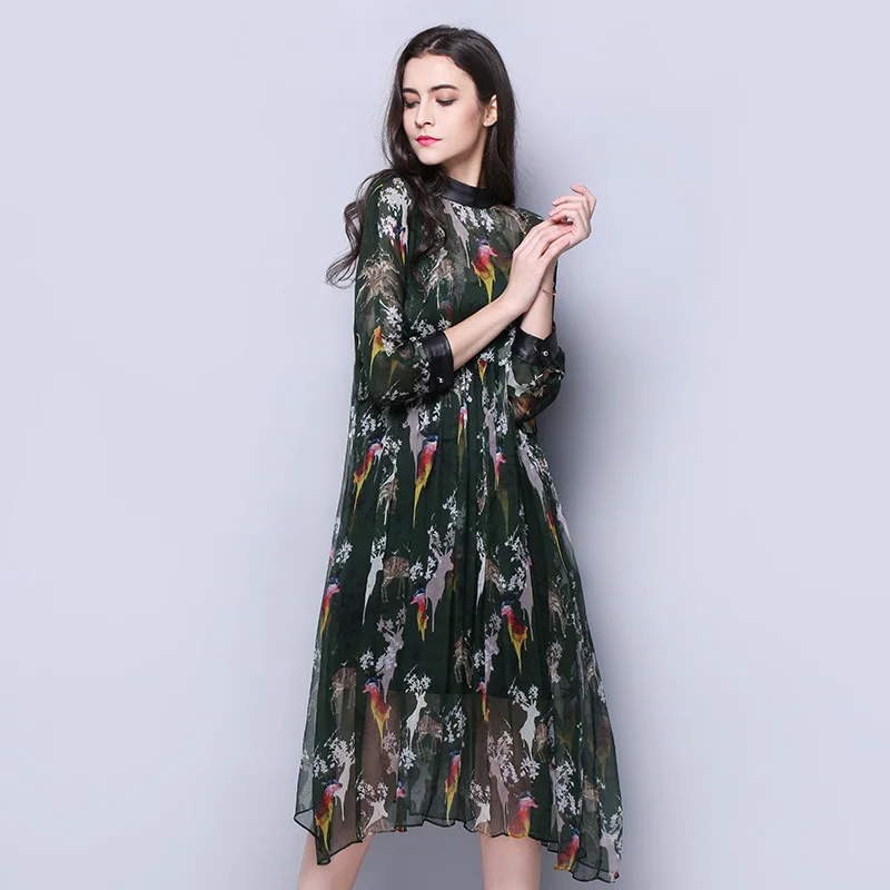 100% шелковое шифоновое платье в богемном стиле с принтом оленя подкладкой из