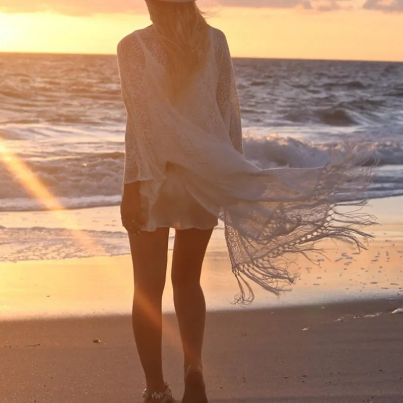 

boho Women blouse shirt Fringe Lace kimono cardigan White Tassels Beach Cover Up Cape Tops Blouses damen bluze H8