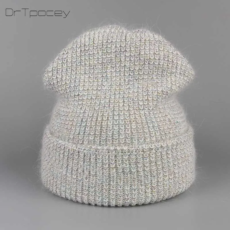 Двухслойные женские зимняя шапка Новые осенние и ангора вязаные Skullies Beanies cap