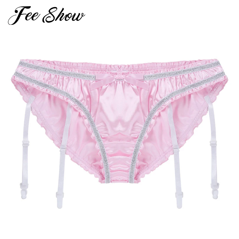 

Feeshow Mens Lingerie Sexy Gay Underwear Shiny Stretchy Satin Ruffled Lined Triangle Briefs Underwear Sissy Panties with Garters