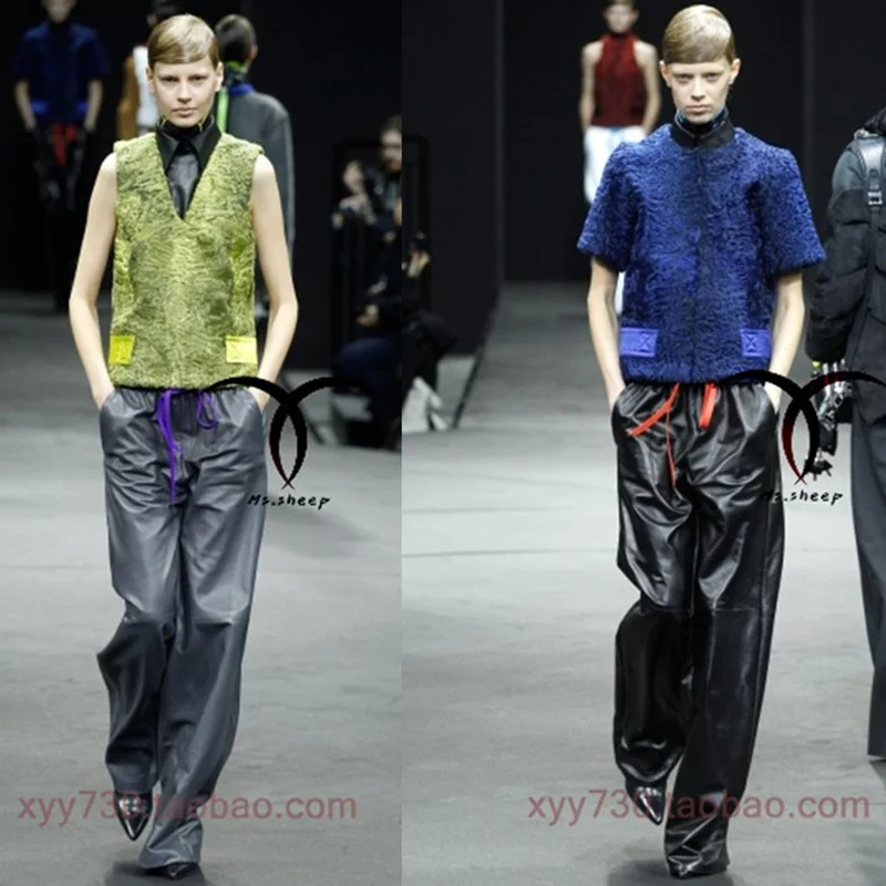 Брюки женские из овечьей кожи брендовые модные штаны с широкими штанинами