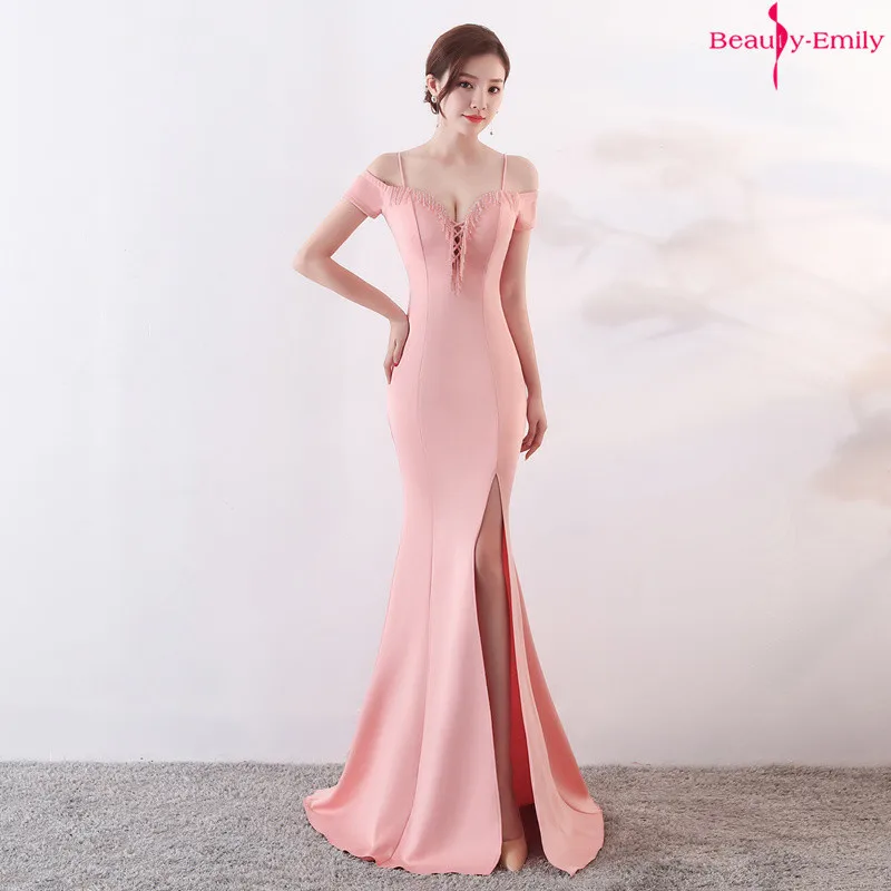 Pink Beauty Emily с открытыми плечами слинг вечернее платье V образным вырезом Ленты Кружева Вечерние платья с высоким разрезом плиссированные платья на выпускной Vestido de noche - Цвет: Pink