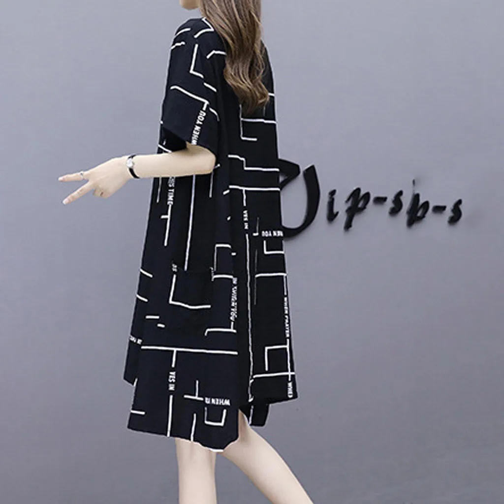 2019 Fashion Womens Plus Size Casual Beauty Daily Loose O-neck Short Sleeve Printing Round Collar Dress Vestidos De Verano 50 | Женская