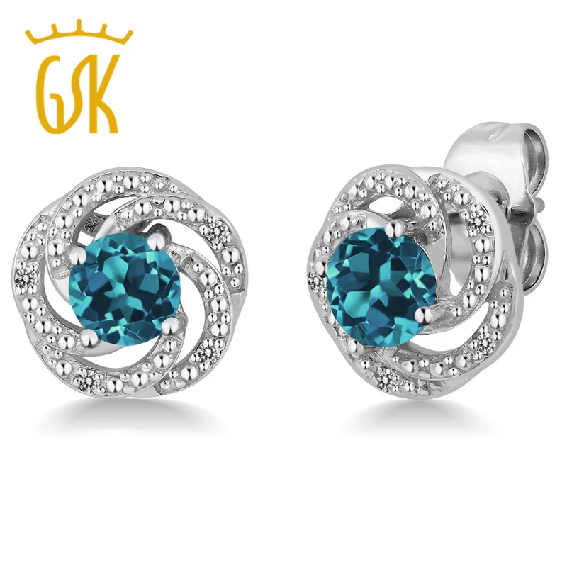 GemStoneKing 1 06 Ct круглые Лондонский голубой топаз белые серьги-гвоздики с