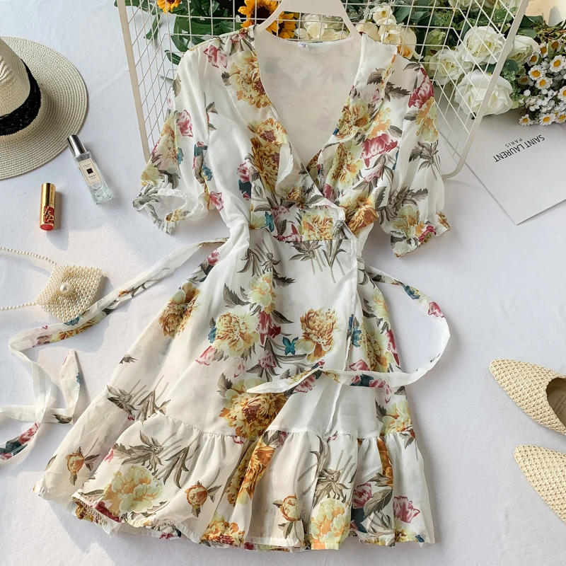 2019 новые модные женские платья летние в цветах шифон с коротким рукавом