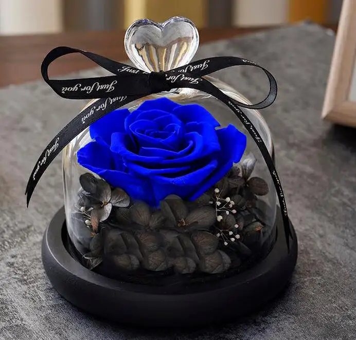 Синий Beauty beast eternal flower gift box glass cover rose DIY Christmas gift birthday gift for girlfriend wedding souvenir - Цвет: Синий