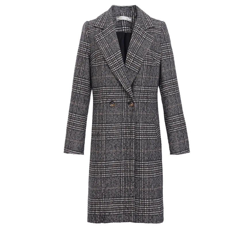 Зимние элегантные плюс размеры для женщин серый плед шерстяное длинное пальто