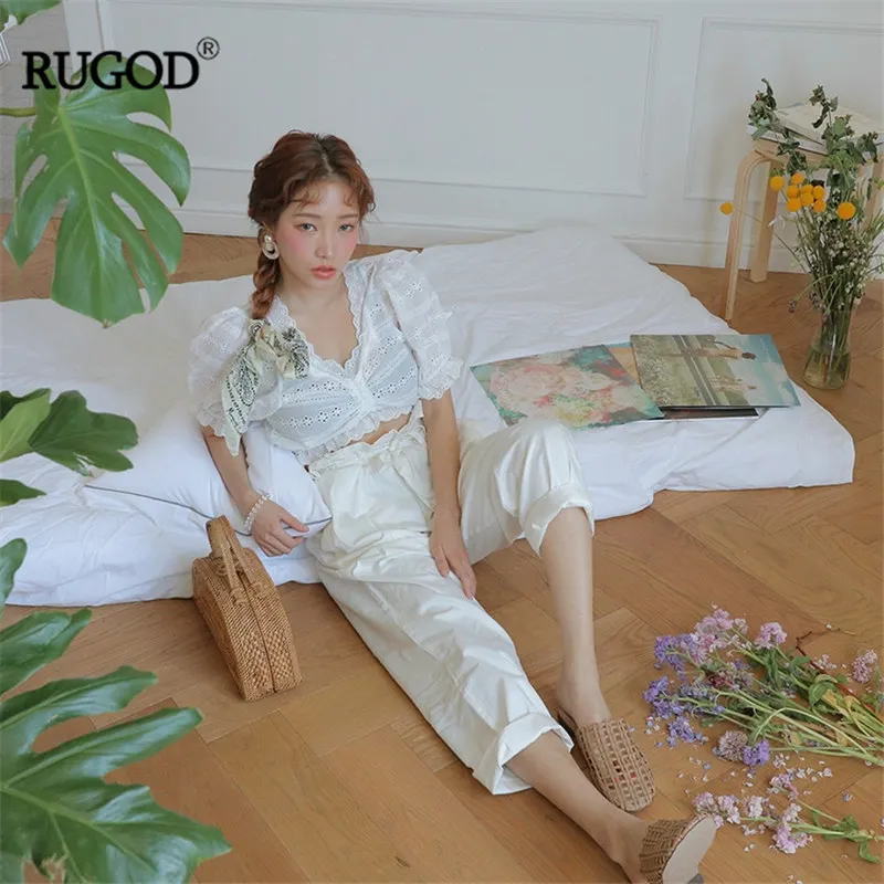 Новая белая кружевная блузка RUGOD Женская пикантная с V образным вырезом и пышными