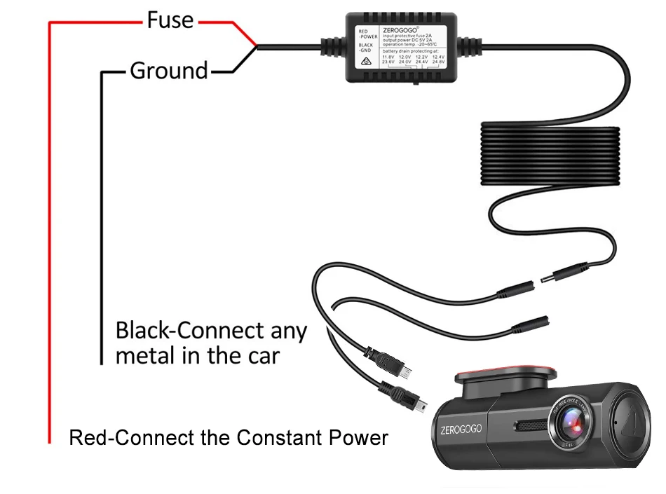 ZEROGOGO жесткий провод комплект DC 12 В 24 В до 5 В 2.0A DVR адаптер питания кабель Мини Micro USB Hardwire комплект для видеорегистратора/Автомобильный видеорегистратор/gps