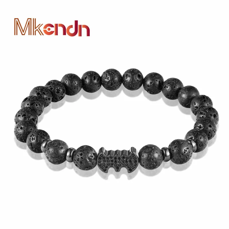 Brand Fashion Natural Beads Strand Bracelet Micro Pave CZ Black Bat Crown 8MM Lava Rock Stone Energy Men Buddha Bracelets homme | Украшения