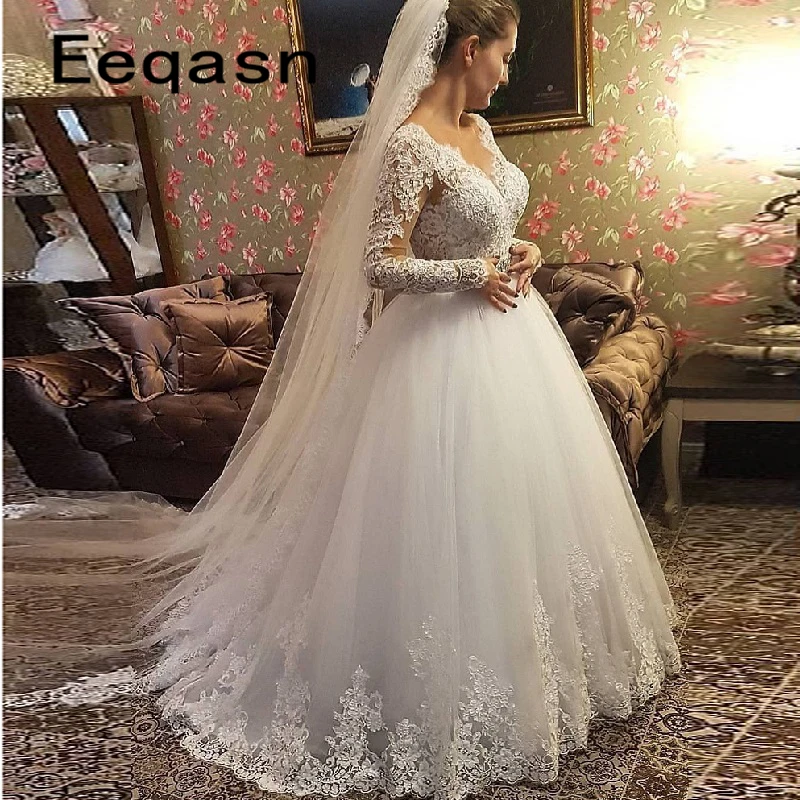 Vestido De Novia Новые свадебные платья с коротким шлейфом, с длинным рукавом, с v-образным вырезом, с кристаллами, с поясом, по индивидуальному заказу, платье для невесты из Саудовской Аравии длинное свадебное платье