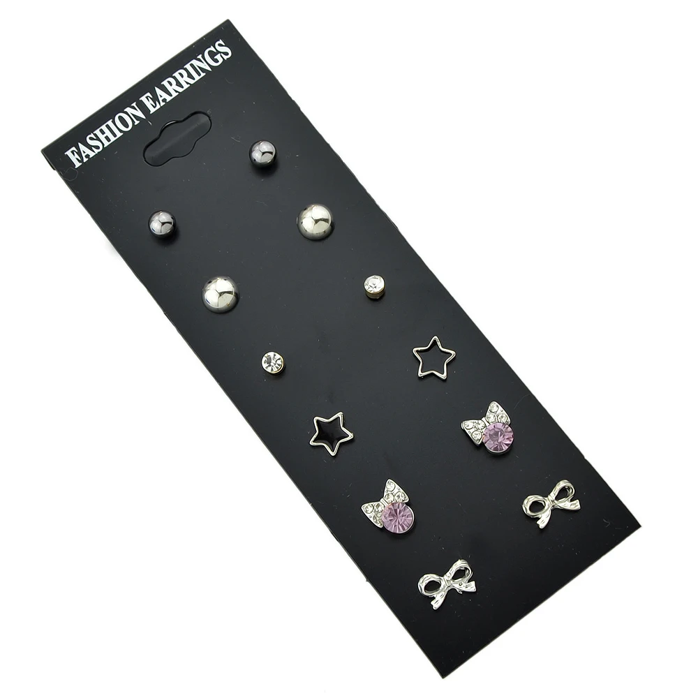Kayshine 6 Pairs/Set Boho Chic Style Earrings Set Jewelry Silver Color With Rhinestone Star Bowknot Shape Stud | Украшения и
